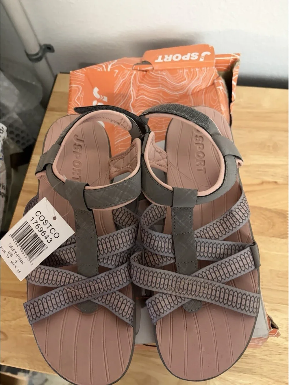 JSport Kaia Sport Sandals Grey/Pink Adjustable Straps NIB - Size 8